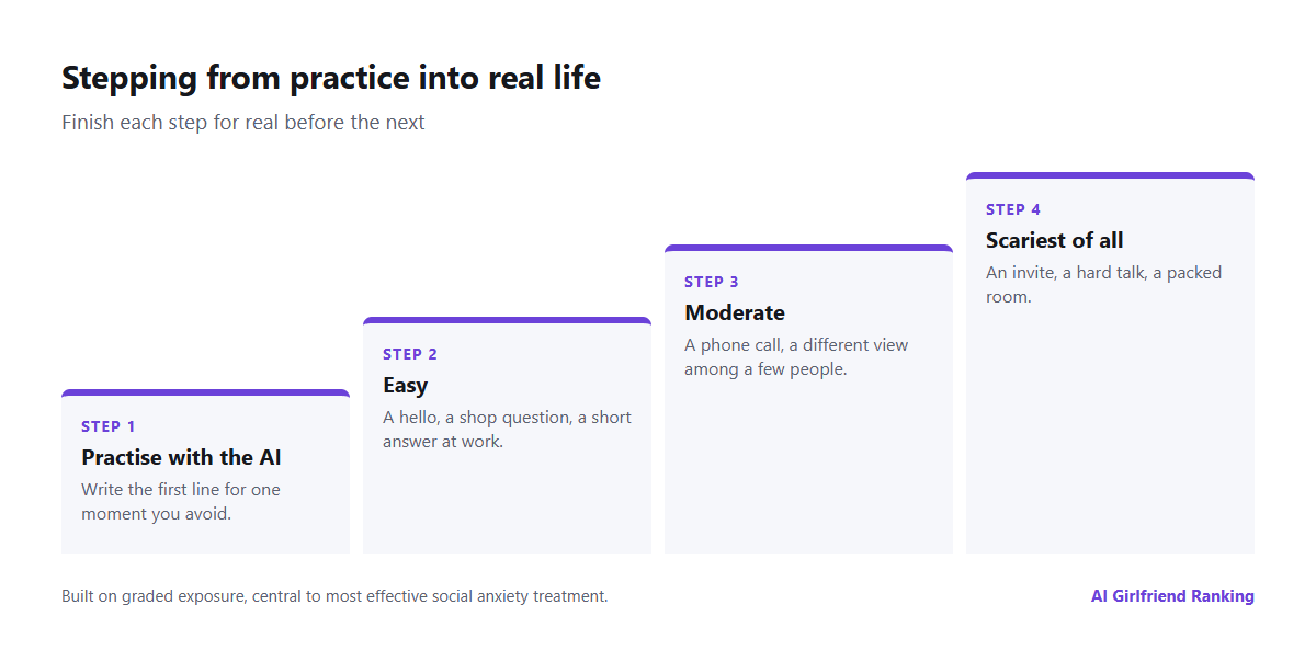 Steps on a ladder from practising with an AI companion, through easy and moderate real conversations, to the situations that frighten you most