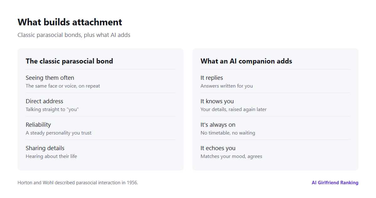 Diagram of what builds attachment: the usual parasocial factors of repetition, direct address and reliability, and the extras an AI adds, which are replies, memory of you and round-the-clock availability