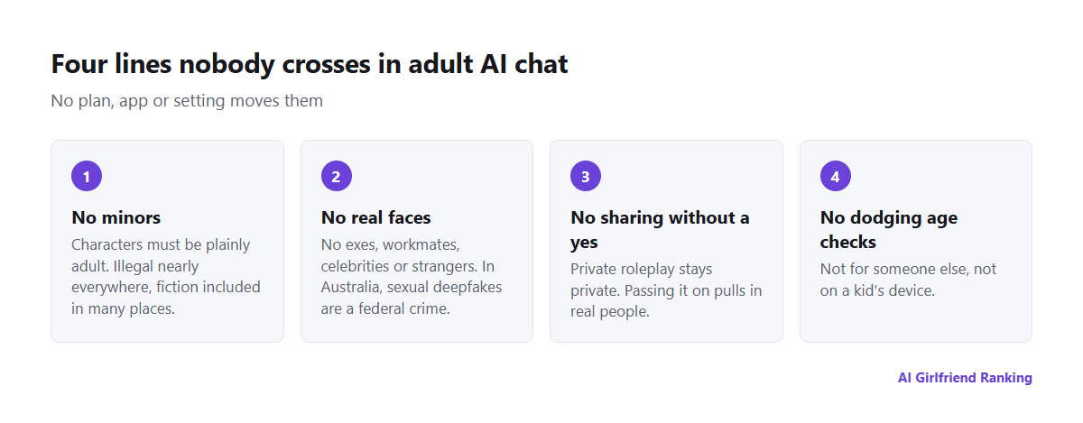 Four lines nobody should cross in adult AI chat: minors, real people's likeness, sharing without agreement, and dodging age checks