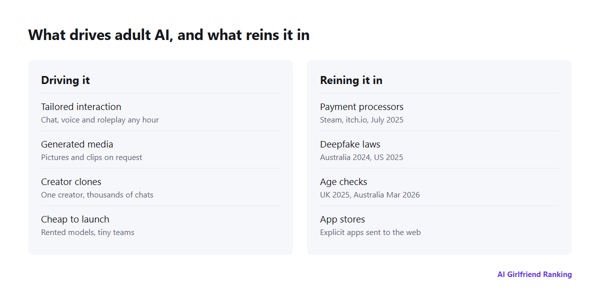Forces shaping adult AI: personalisation, generated media and AI clones push it ahead, while payment processors, deepfake laws, age checks and app stores hold it back
