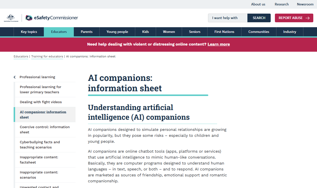 eSafety Commissioner information sheet on AI companions