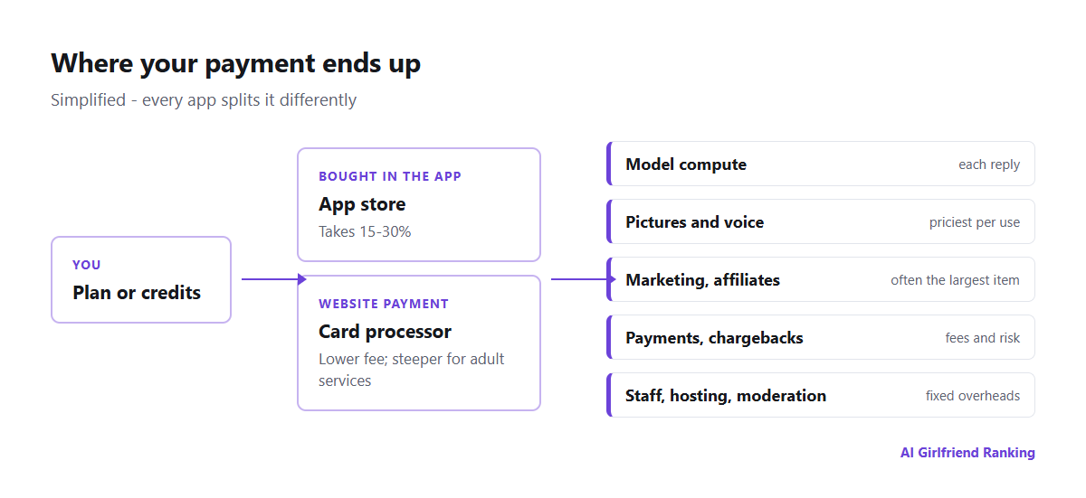 Diagram of how money flows through an AI companion app: the user pays through an app store or web checkout, the store takes a commission, and the company pays for model compute, image and voice generation, payment processing, affiliate commissions and staff