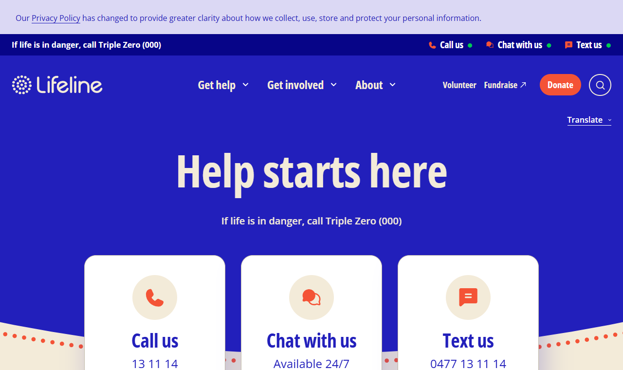 The Lifeline Australia website, offering crisis support on 13 11 14