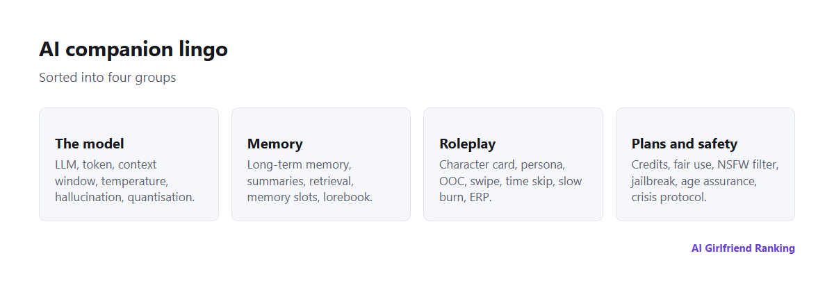 The vocabulary of AI companions grouped into four areas: the model, memory, roleplay, and plans and safety